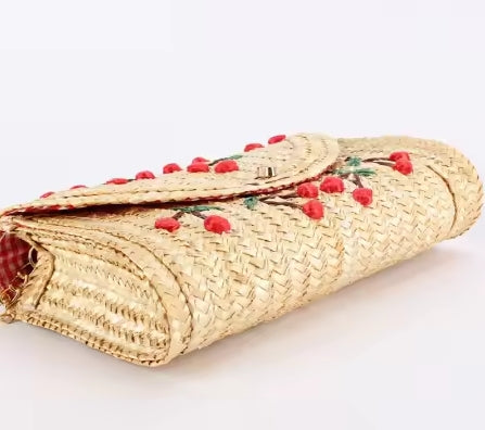 Vintage style women's summer straw clutch with cherry pattern
