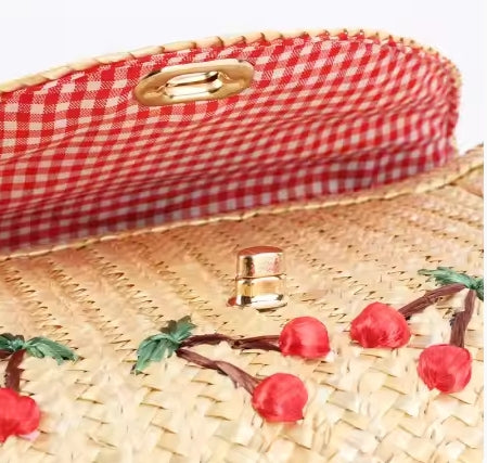 Vintage style women's summer straw clutch with cherry pattern