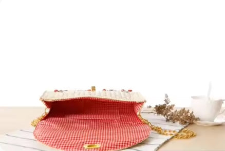 Vintage style women's summer straw clutch with cherry pattern